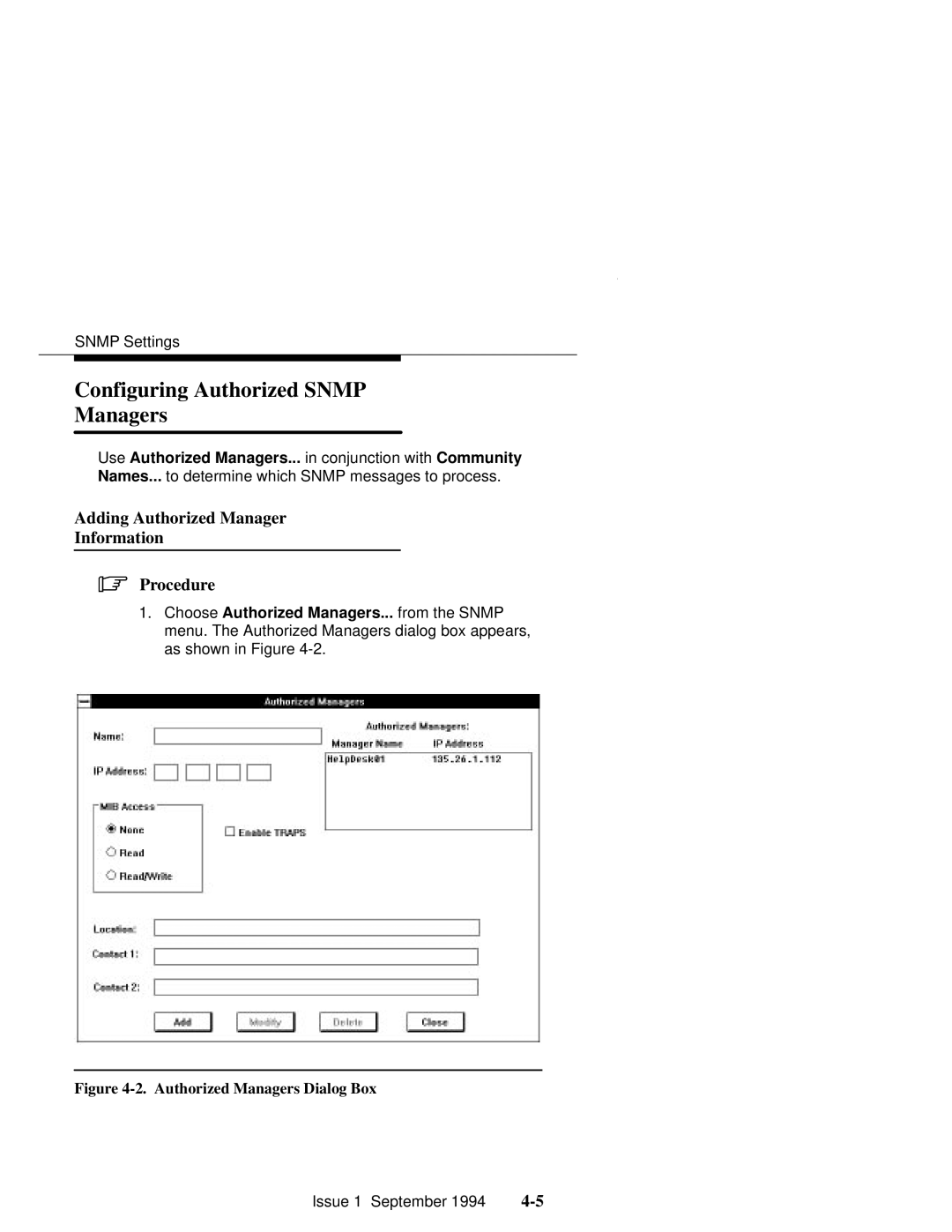 Paradyne 6700-A2-GB22-00 manual Configuring Authorized Snmp Managers, Adding Authorized Manager Information Procedure 