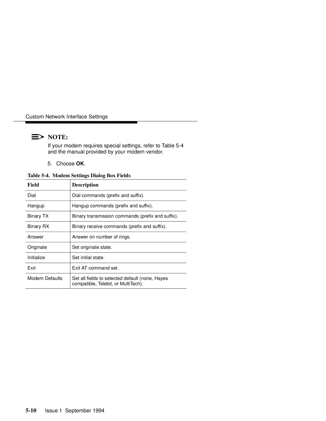 Paradyne 6700-A2-GB22-00 manual Modem Settings Dialog Box Fields Description 