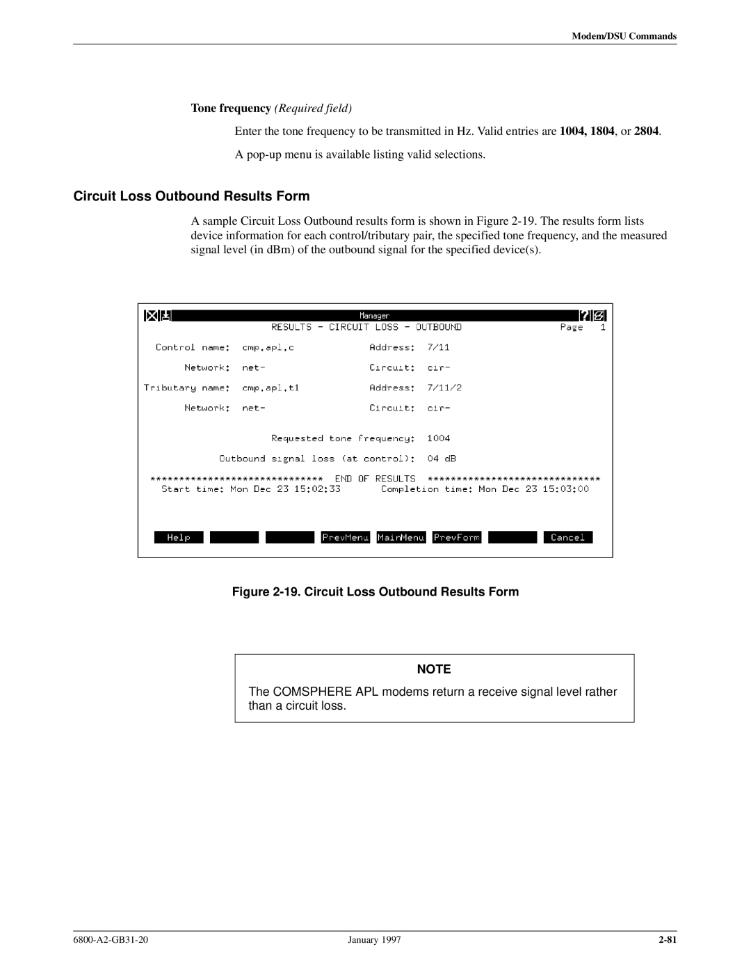 Paradyne 6800 manual Circuit Loss Outbound Results Form 