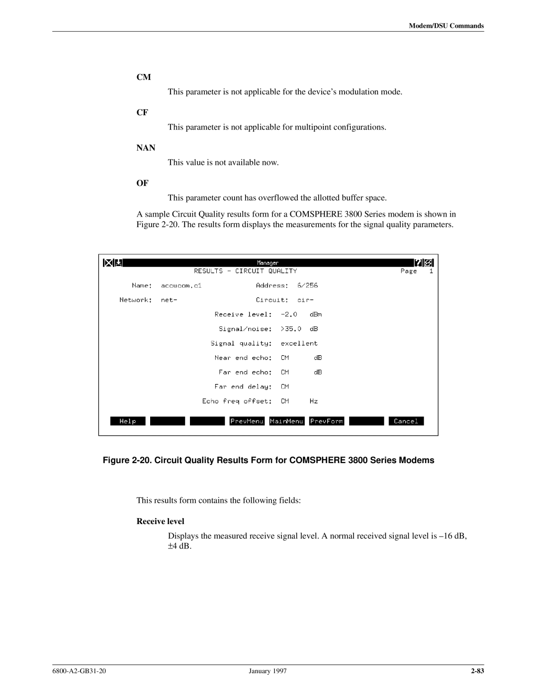 Paradyne 6800 manual Nan, Receive level 