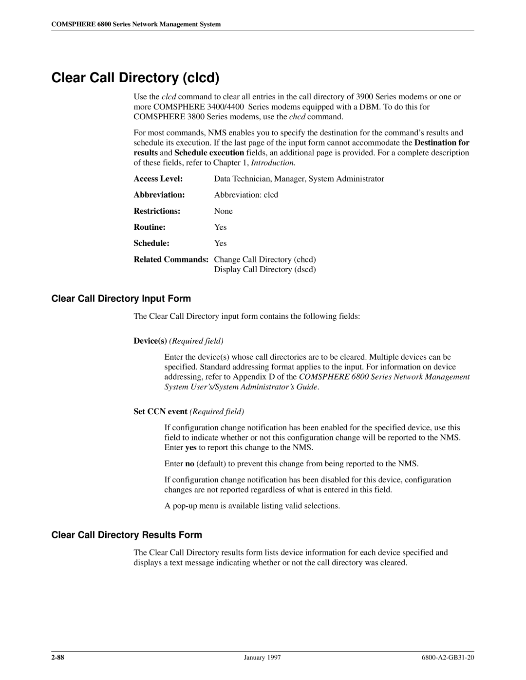 Paradyne 6800 manual Clear Call Directory clcd, Clear Call Directory Input Form, Clear Call Directory Results Form 