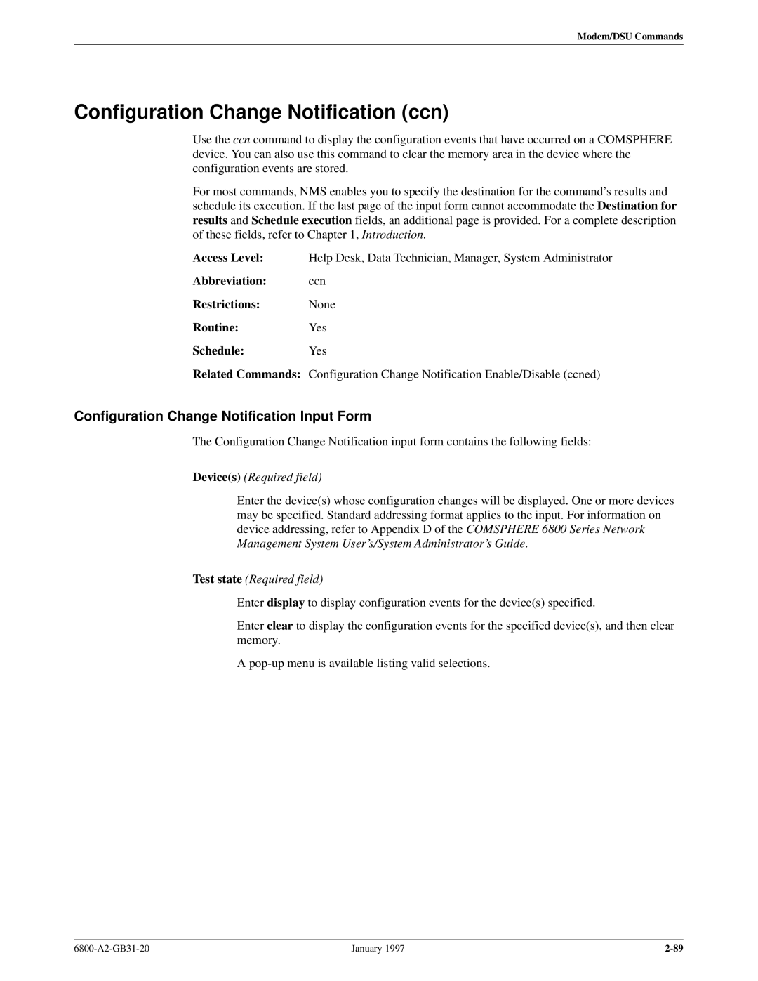 Paradyne 6800 manual Configuration Change Notification ccn, Configuration Change Notification Input Form 