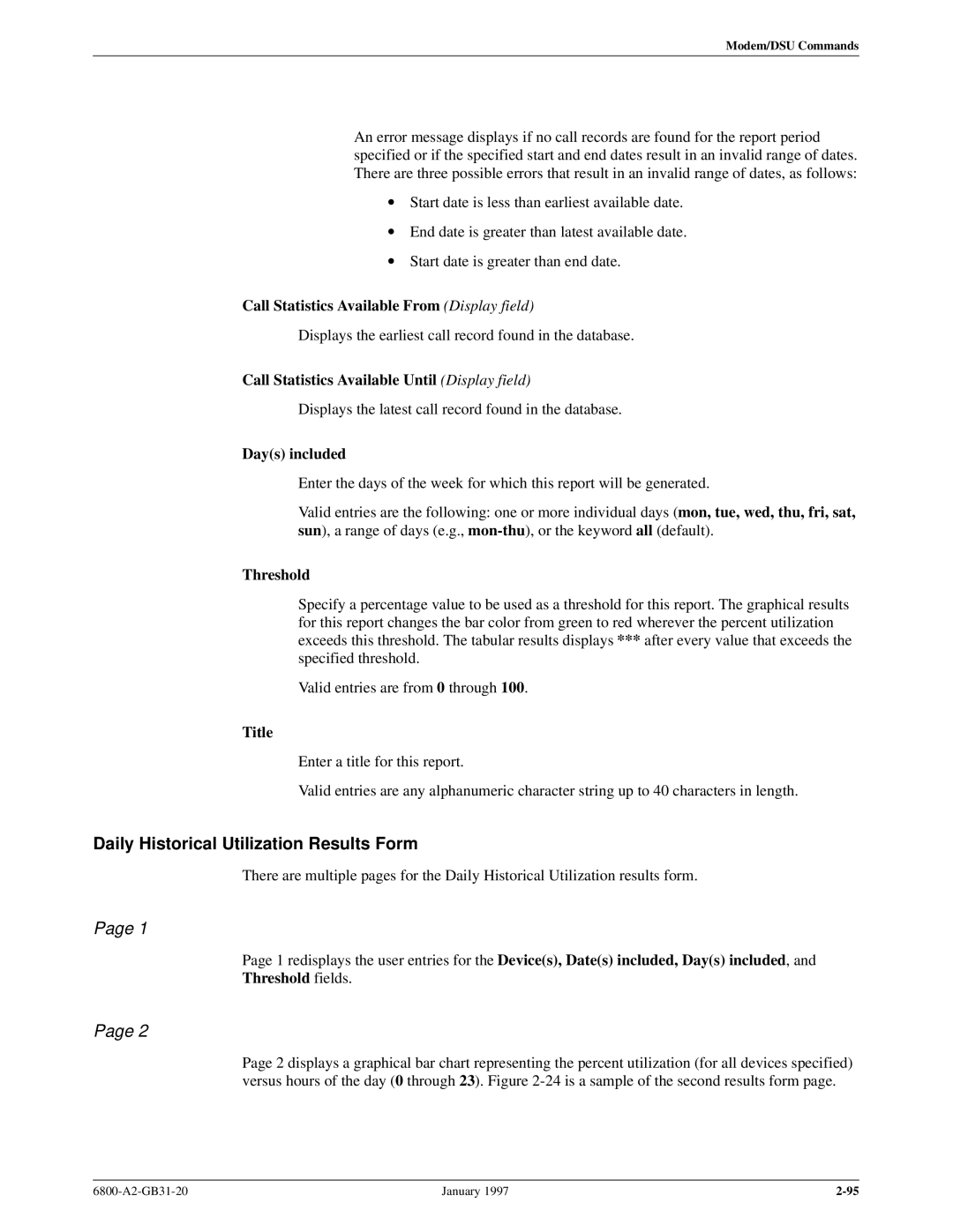 Paradyne 6800 manual Daily Historical Utilization Results Form, Threshold fields 