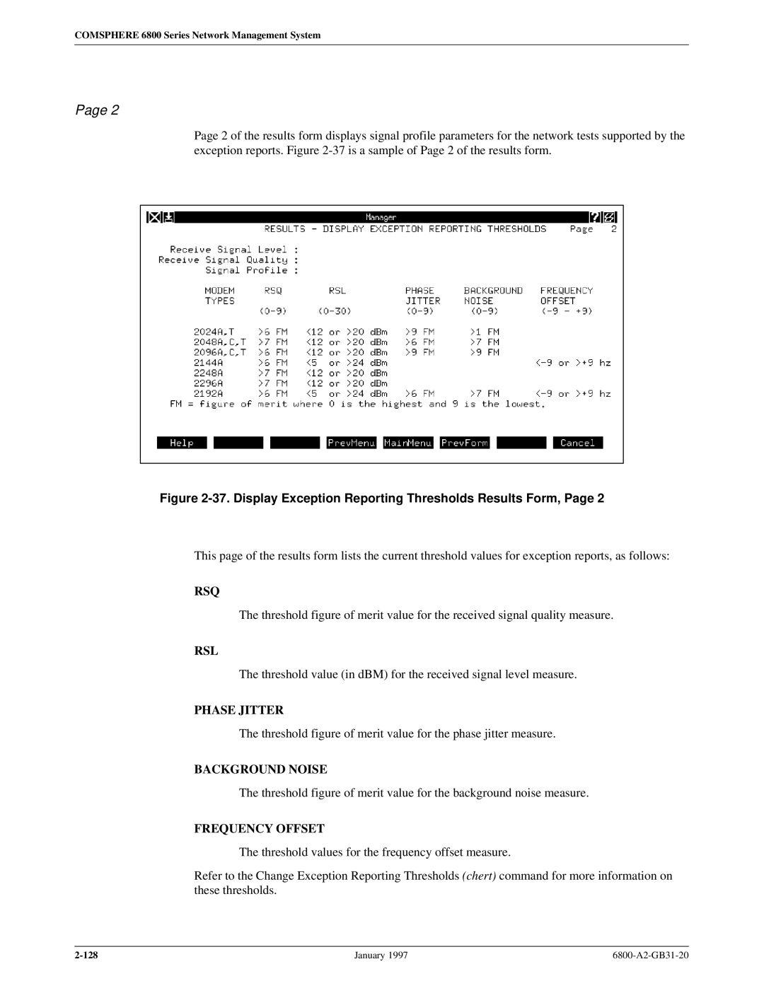 Paradyne 6800 manual Display Exception Reporting Thresholds Results Form 