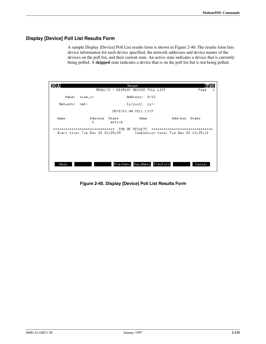 Paradyne 6800 manual Display Device Poll List Results Form 