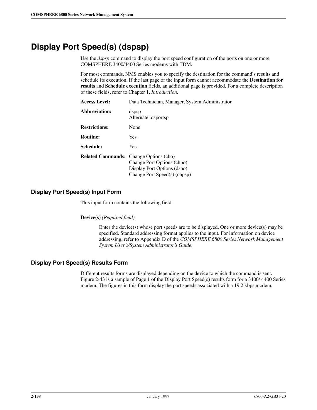 Paradyne 6800 manual Display Port Speeds dspsp, Display Port Speeds Input Form, Display Port Speeds Results Form 