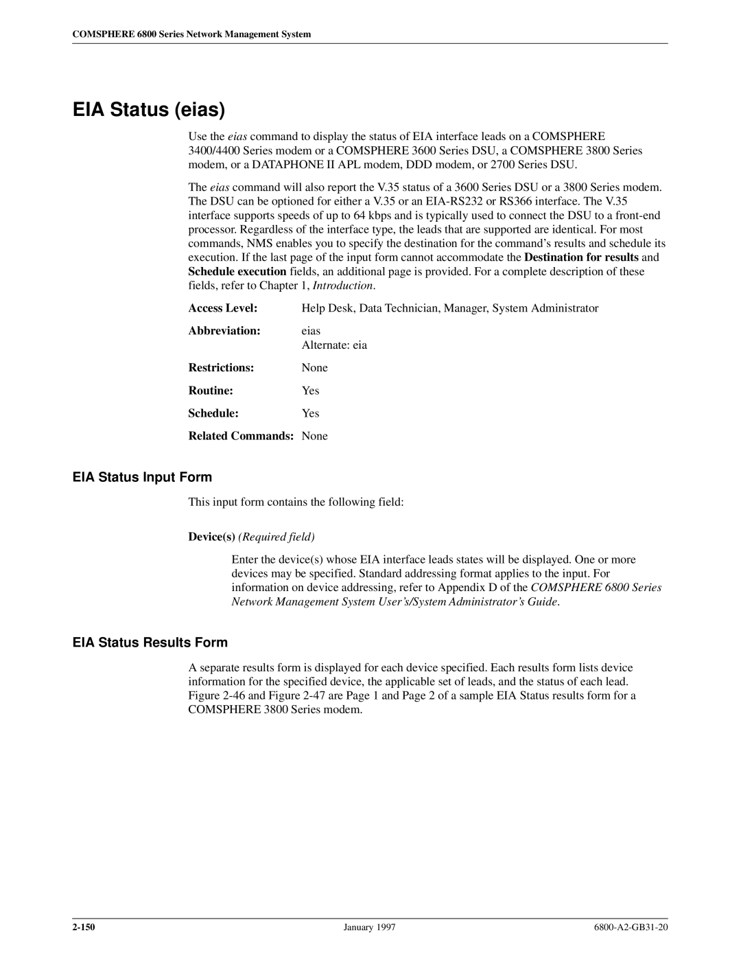 Paradyne 6800 manual EIA Status eias, EIA Status Input Form, EIA Status Results Form, Abbreviation eias 