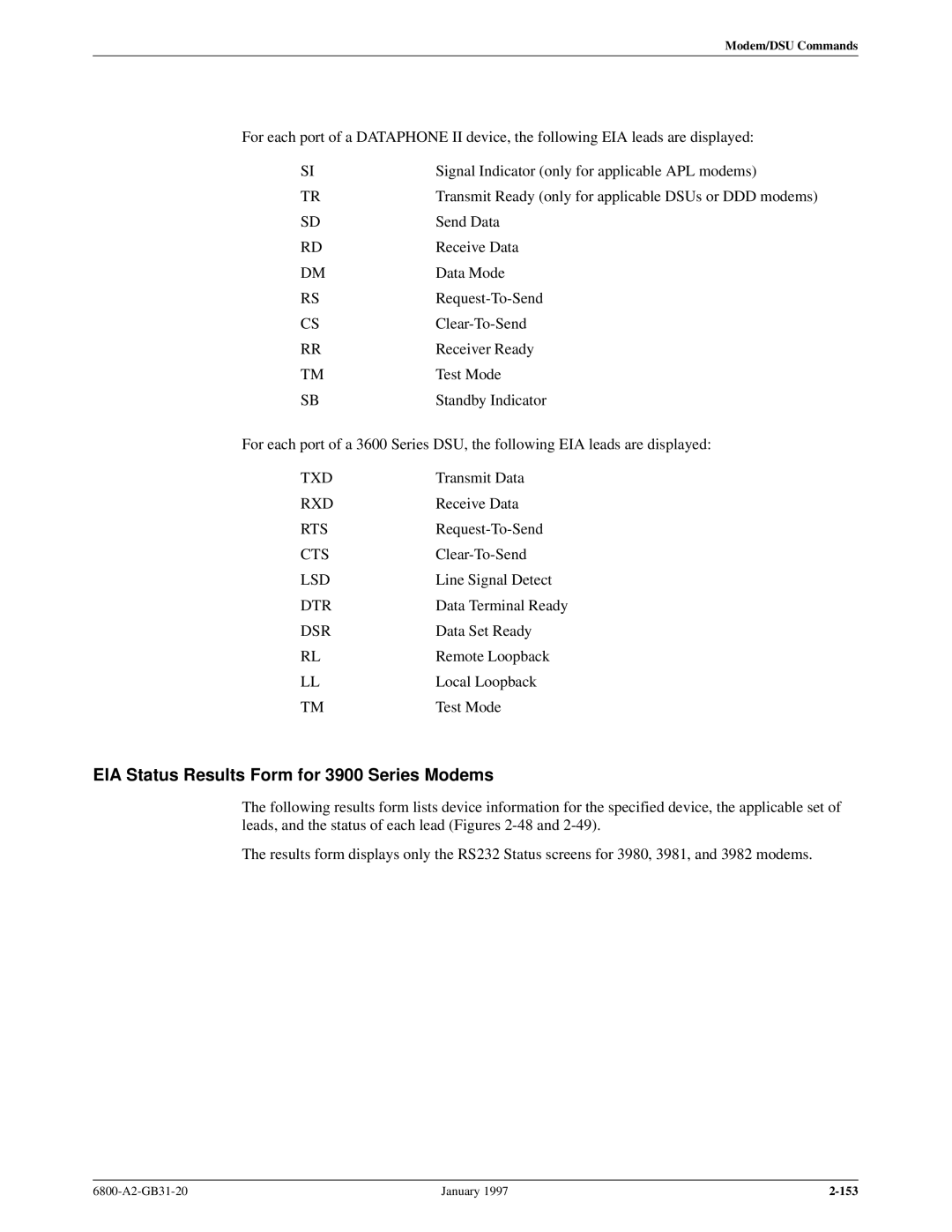 Paradyne 6800 manual EIA Status Results Form for 3900 Series Modems 