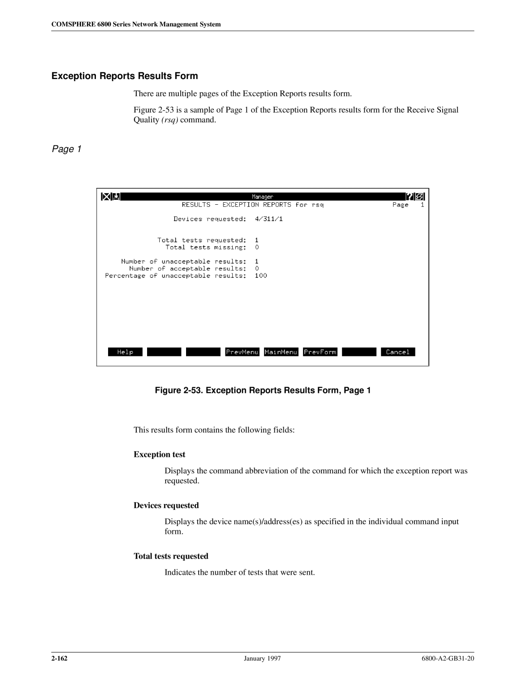 Paradyne 6800 manual Exception Reports Results Form, Exception test, Devices requested, Total tests requested 