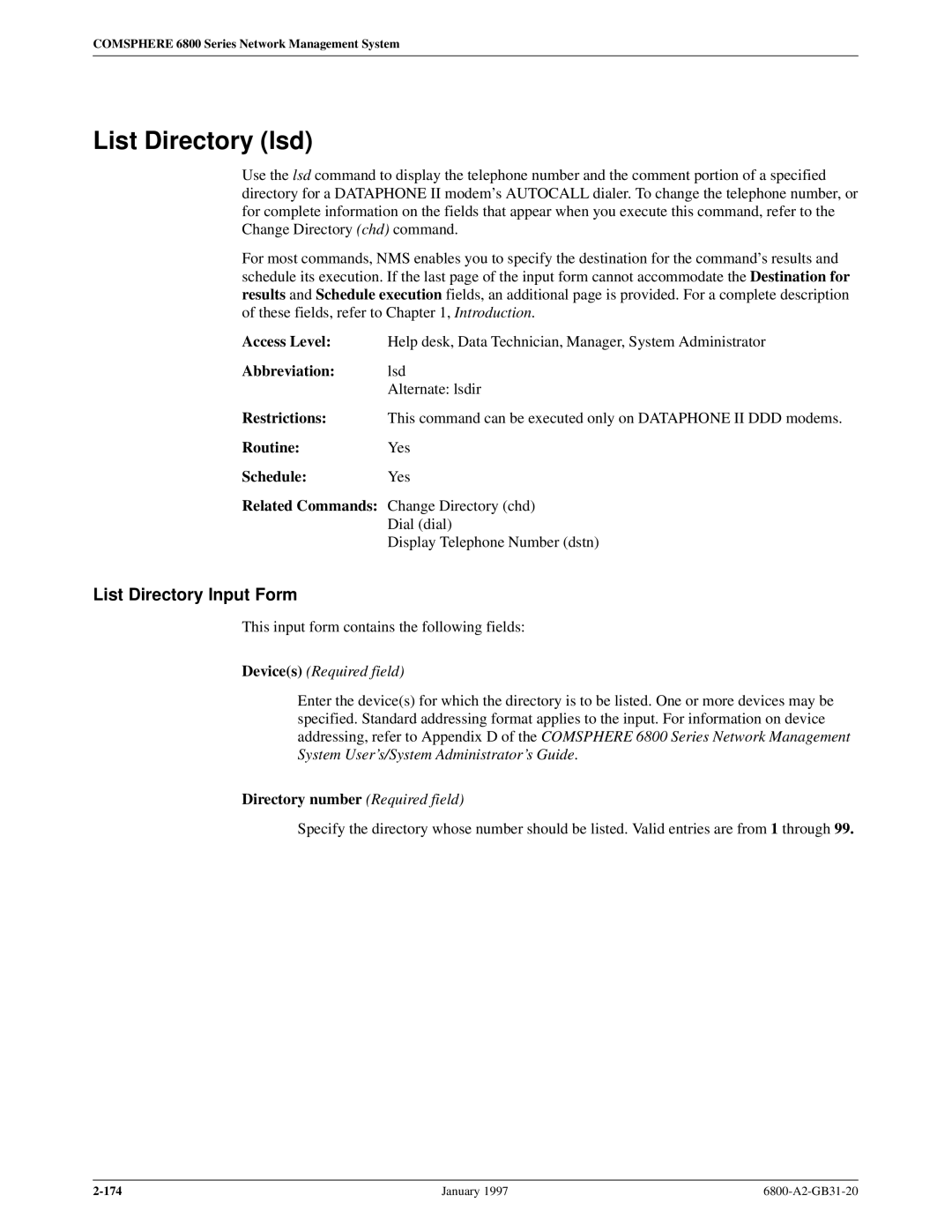 Paradyne 6800 manual List Directory lsd, List Directory Input Form 