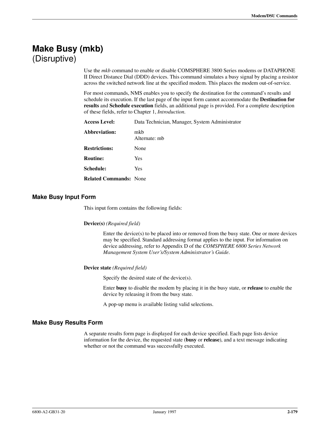 Paradyne 6800 manual Make Busy mkb, Make Busy Input Form, Make Busy Results Form, Abbreviation mkb 