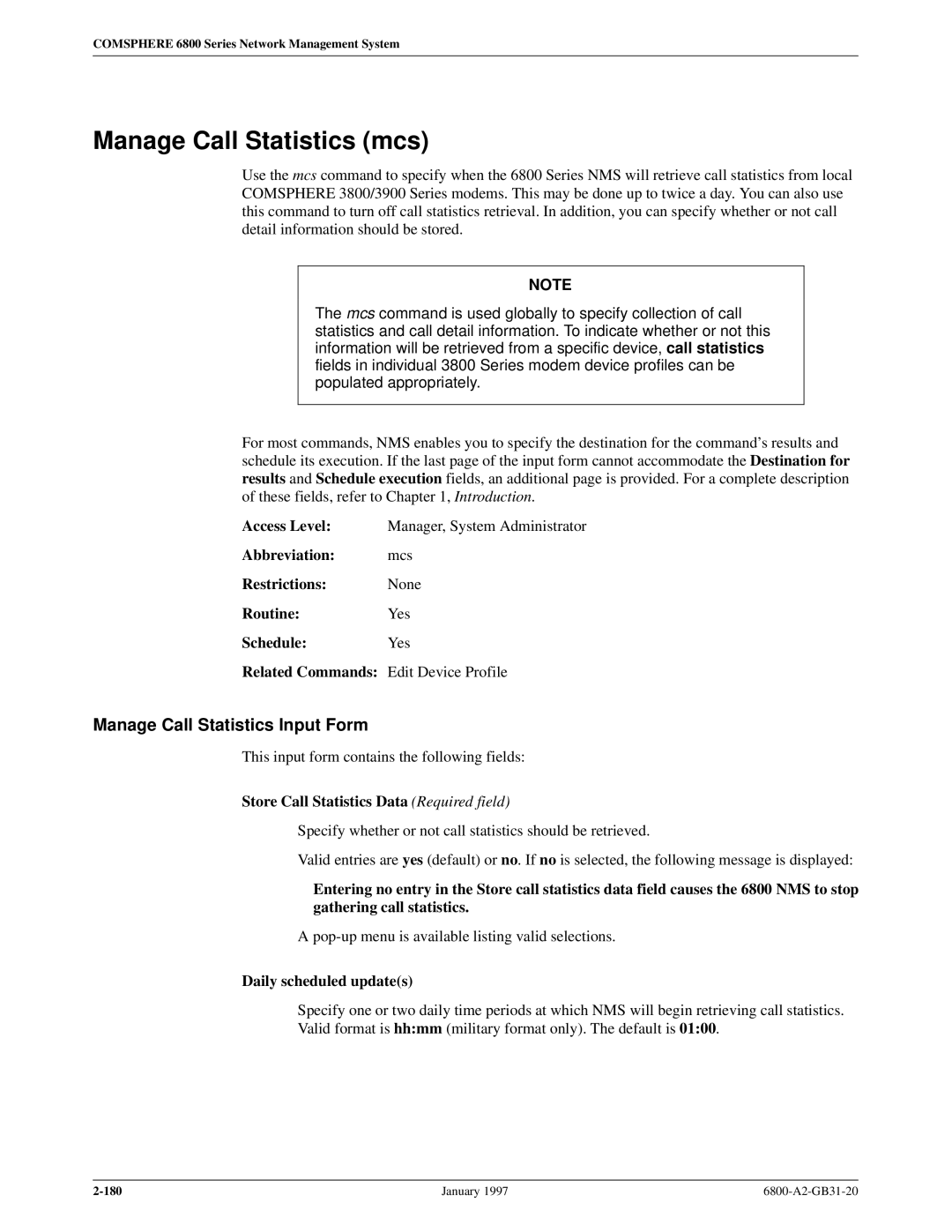 Paradyne 6800 Manage Call Statistics mcs, Manage Call Statistics Input Form, Store Call Statistics Data Required field 