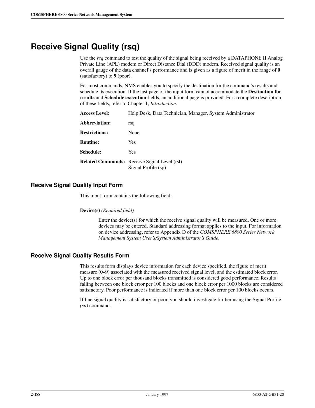 Paradyne 6800 manual Receive Signal Quality rsq, Receive Signal Quality Input Form, Receive Signal Quality Results Form 