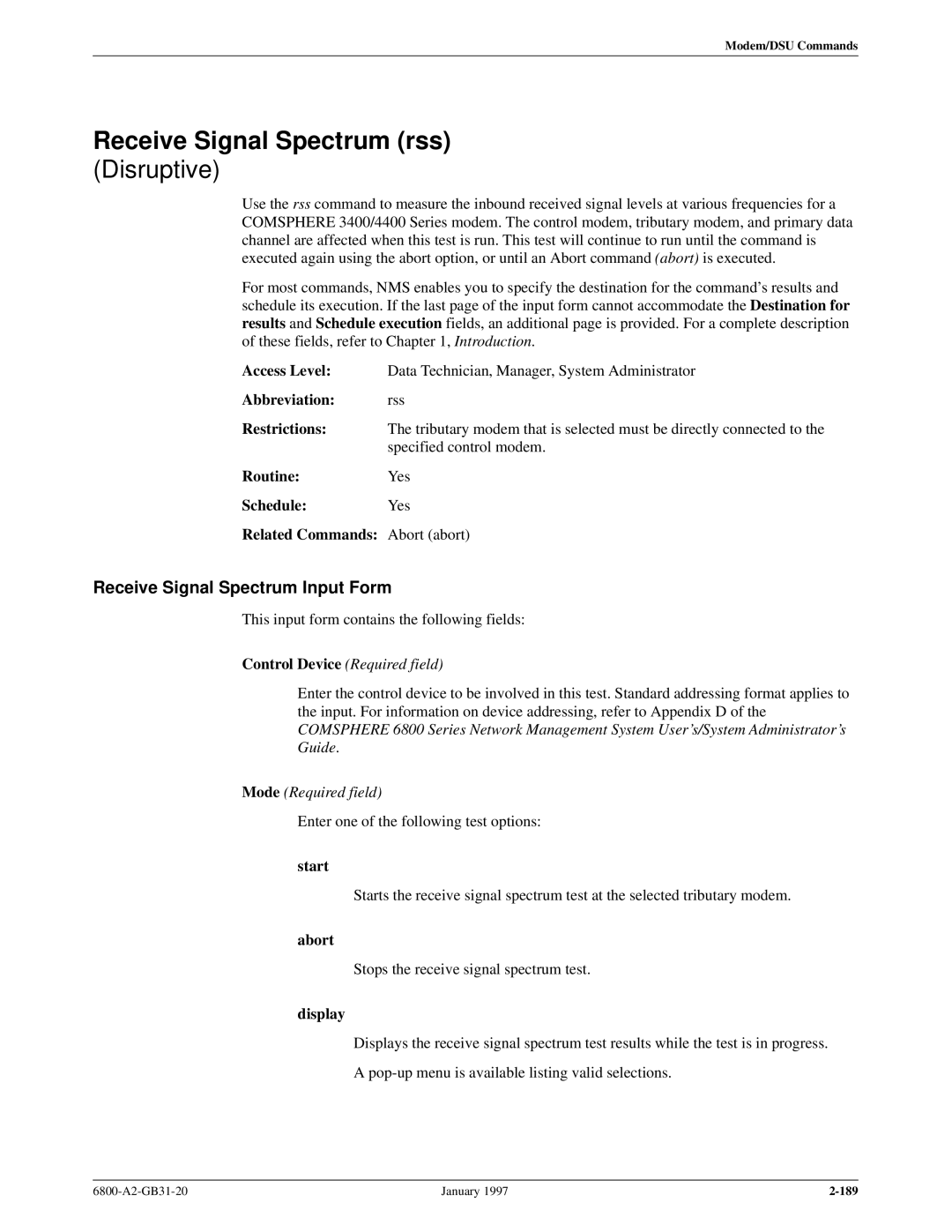 Paradyne 6800 Receive Signal Spectrum rss, Receive Signal Spectrum Input Form, Control Device Required field, Display 