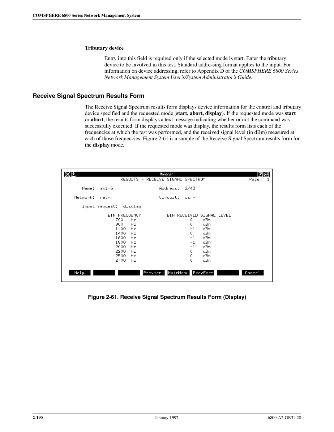 Paradyne 6800 manual Receive Signal Spectrum Results Form, Tributary device 