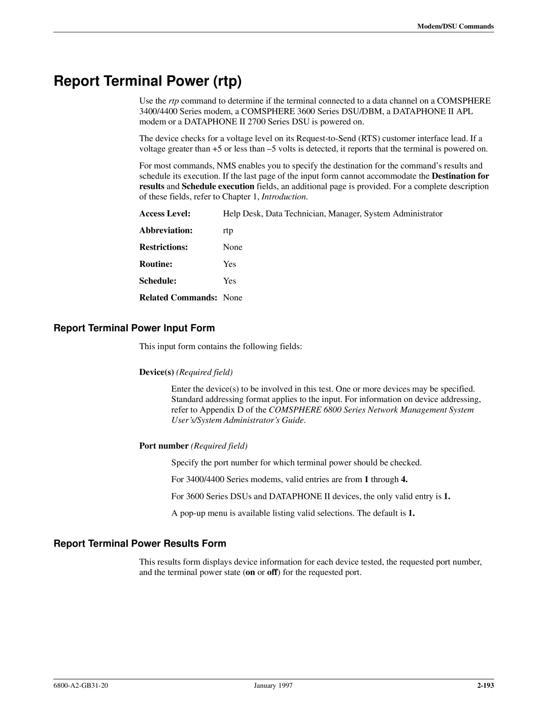 Paradyne 6800 manual Report Terminal Power rtp, Report Terminal Power Input Form, Report Terminal Power Results Form 