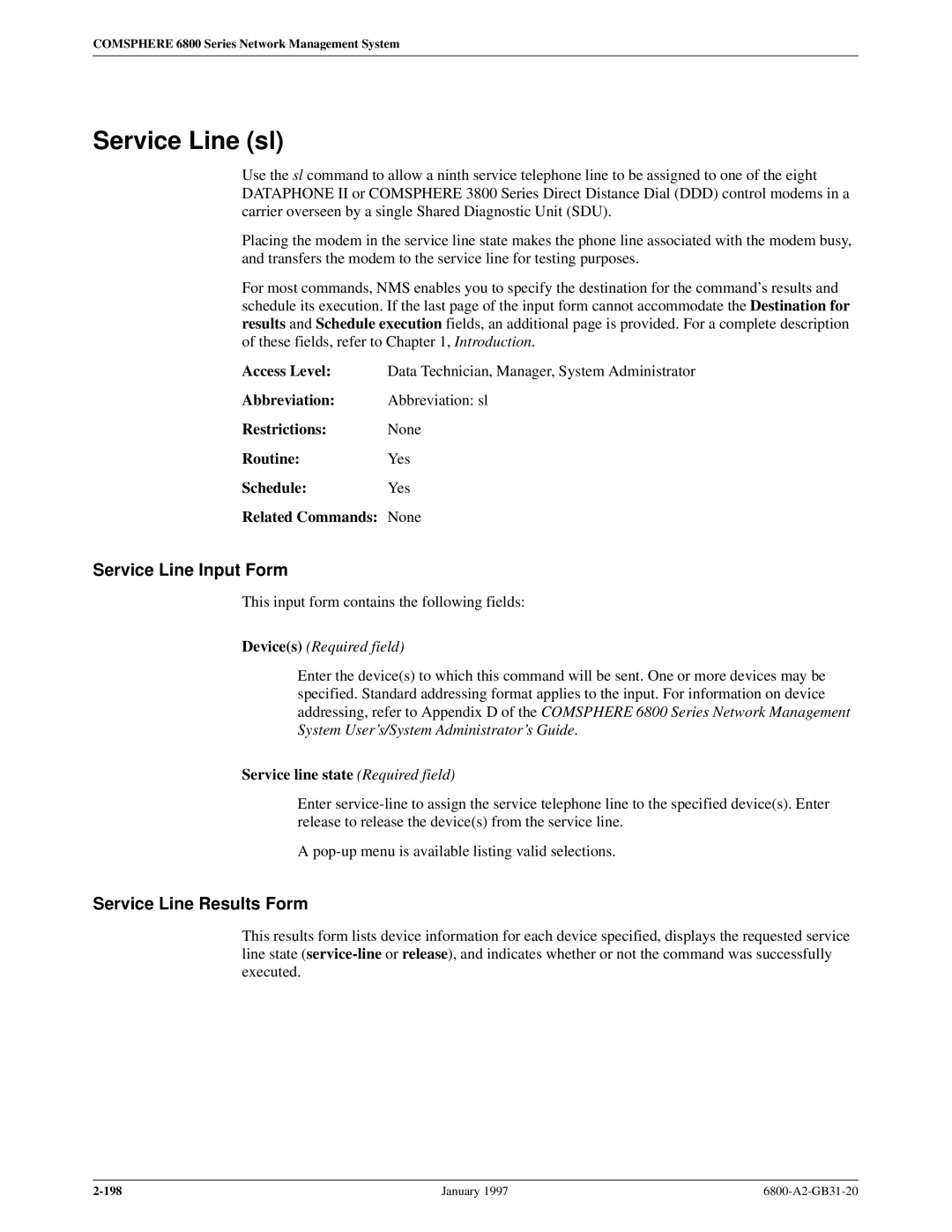 Paradyne 6800 manual Service Line sl, Service Line Input Form, Service Line Results Form, Service line state Required field 