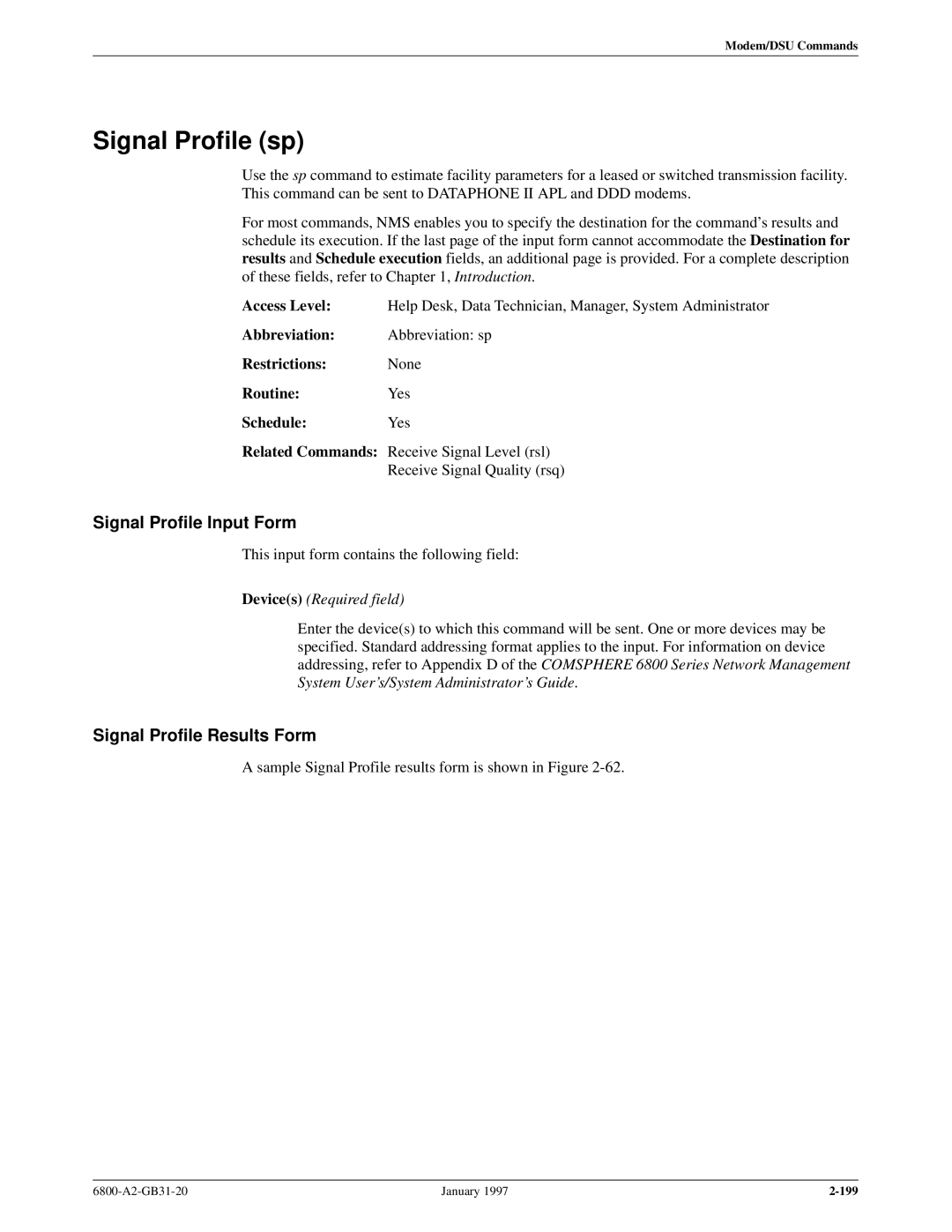 Paradyne 6800 manual Signal Profile sp, Signal Profile Input Form, Signal Profile Results Form 