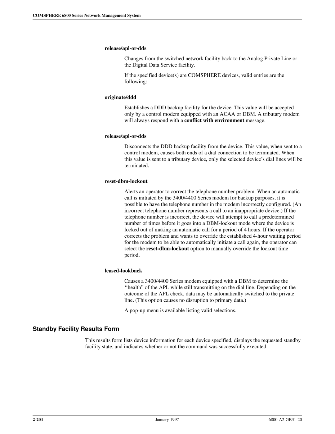 Paradyne 6800 manual Standby Facility Results Form, Release/apl-or-dds, Reset-dbm-lockout, Leased-lookback 