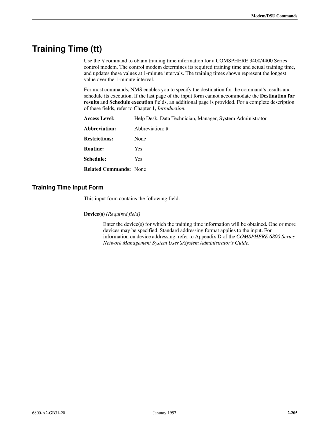 Paradyne 6800 manual Training Time tt, Training Time Input Form 