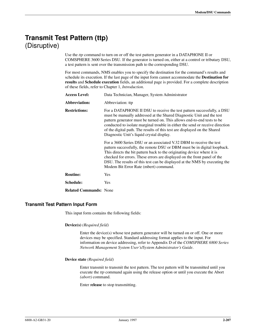 Paradyne 6800 manual Transmit Test Pattern ttp, Transmit Test Pattern Input Form 