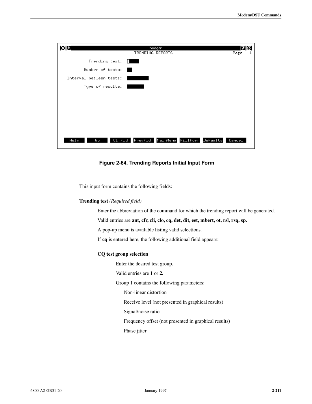 Paradyne 6800 manual Trending test Required field, CQ test group selection 