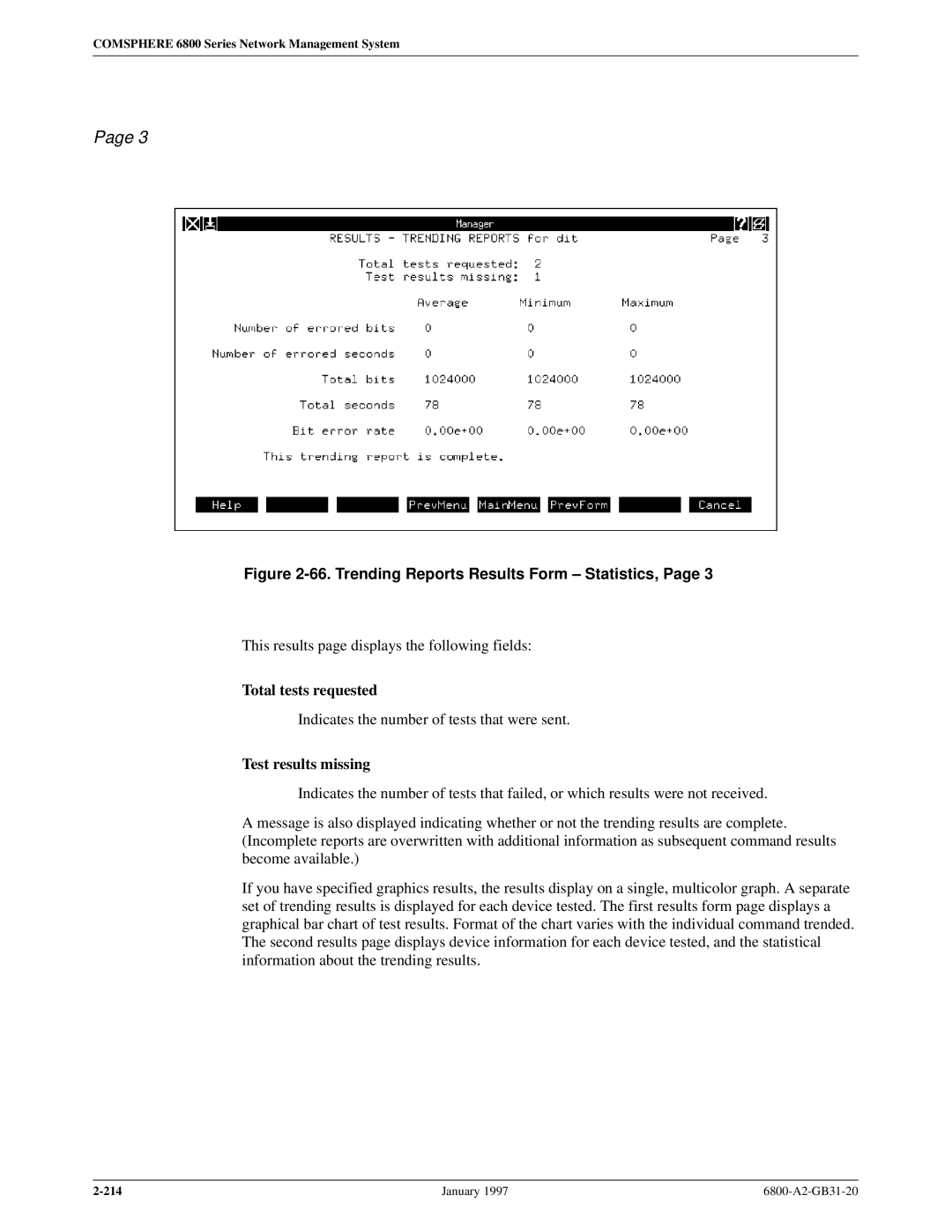 Paradyne 6800 manual Trending Reports Results Form ± Statistics, Test results missing 