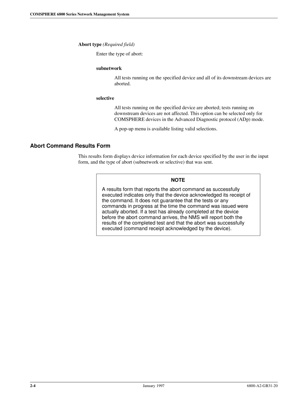 Paradyne 6800 manual Abort Command Results Form, Abort type Required field, Subnetwork, Selective 