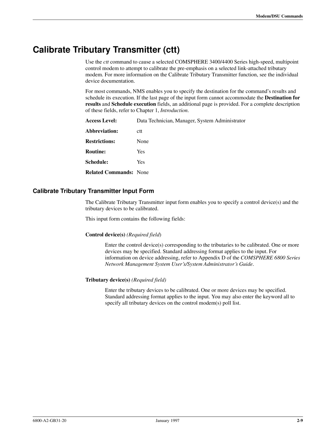 Paradyne 6800 manual Calibrate Tributary Transmitter ctt, Calibrate Tributary Transmitter Input Form 