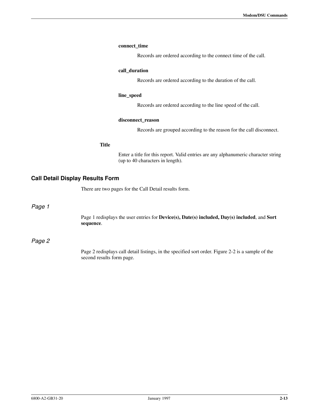 Paradyne 6800 manual Call Detail Display Results Form 