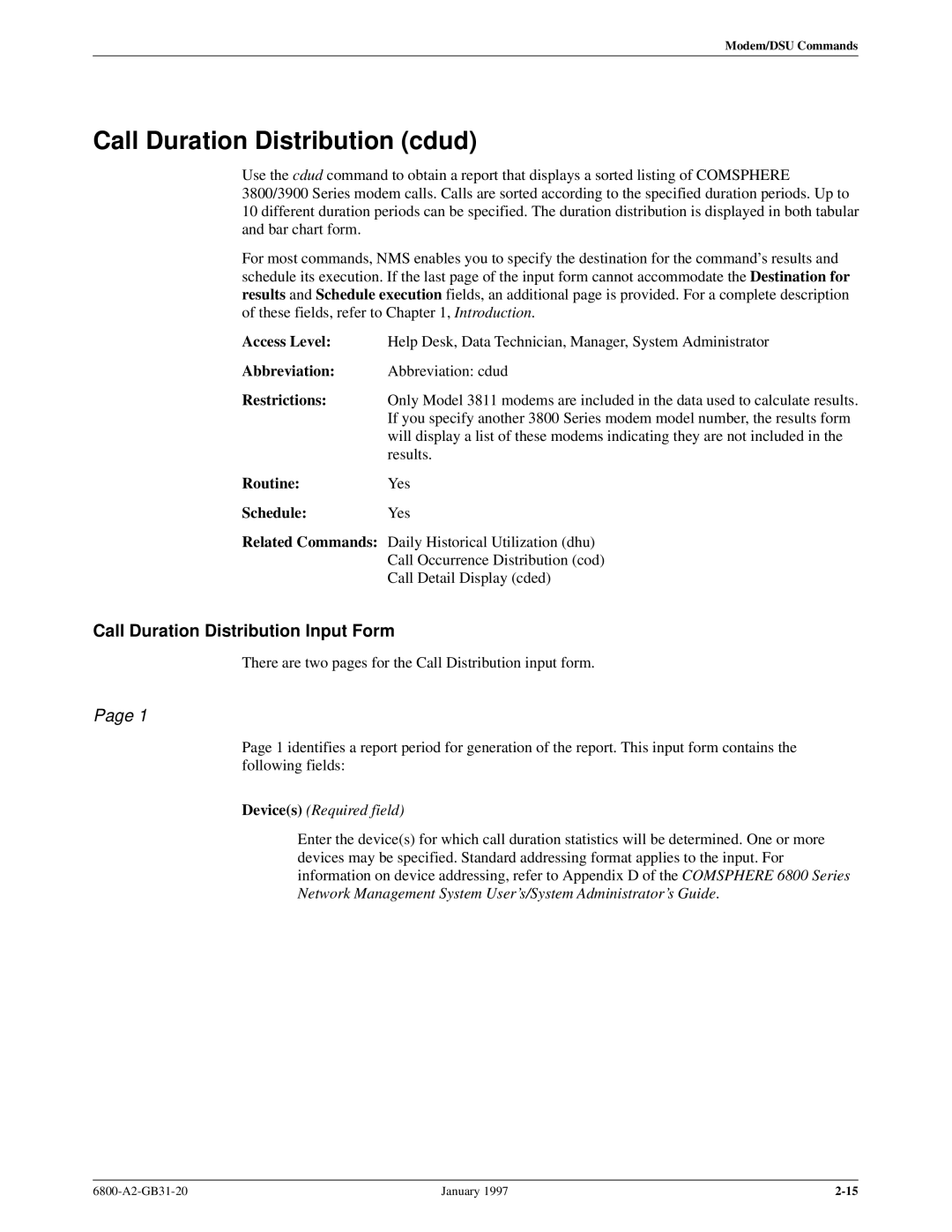 Paradyne 6800 manual Call Duration Distribution cdud, Call Duration Distribution Input Form 