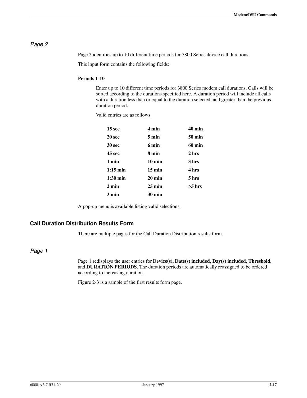 Paradyne 6800 manual Call Duration Distribution Results Form, Periods 