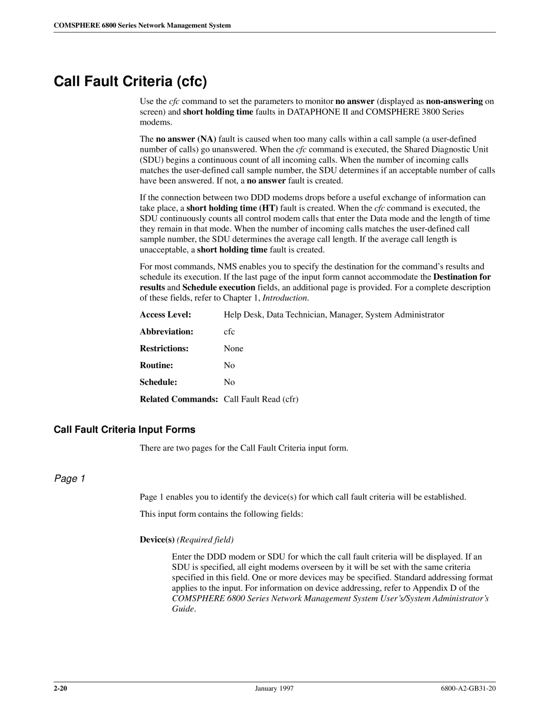 Paradyne 6800 manual Call Fault Criteria cfc, Call Fault Criteria Input Forms 