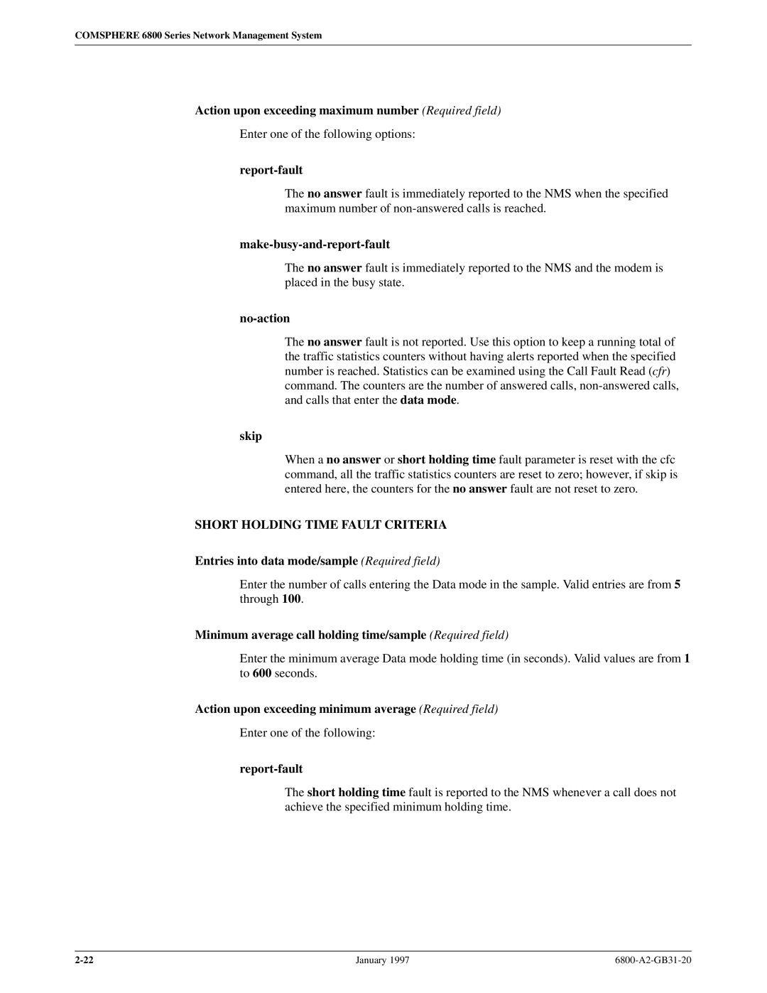 Paradyne 6800 Action upon exceeding maximum number Required field, Report-fault, Make-busy-and-report-fault, No-action 