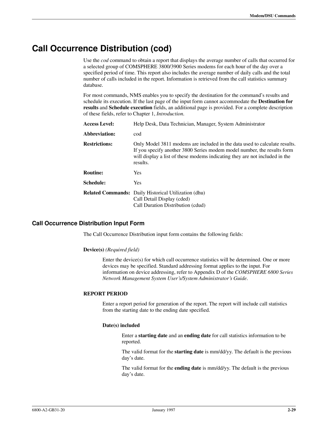 Paradyne 6800 manual Call Occurrence Distribution cod, Call Occurrence Distribution Input Form 