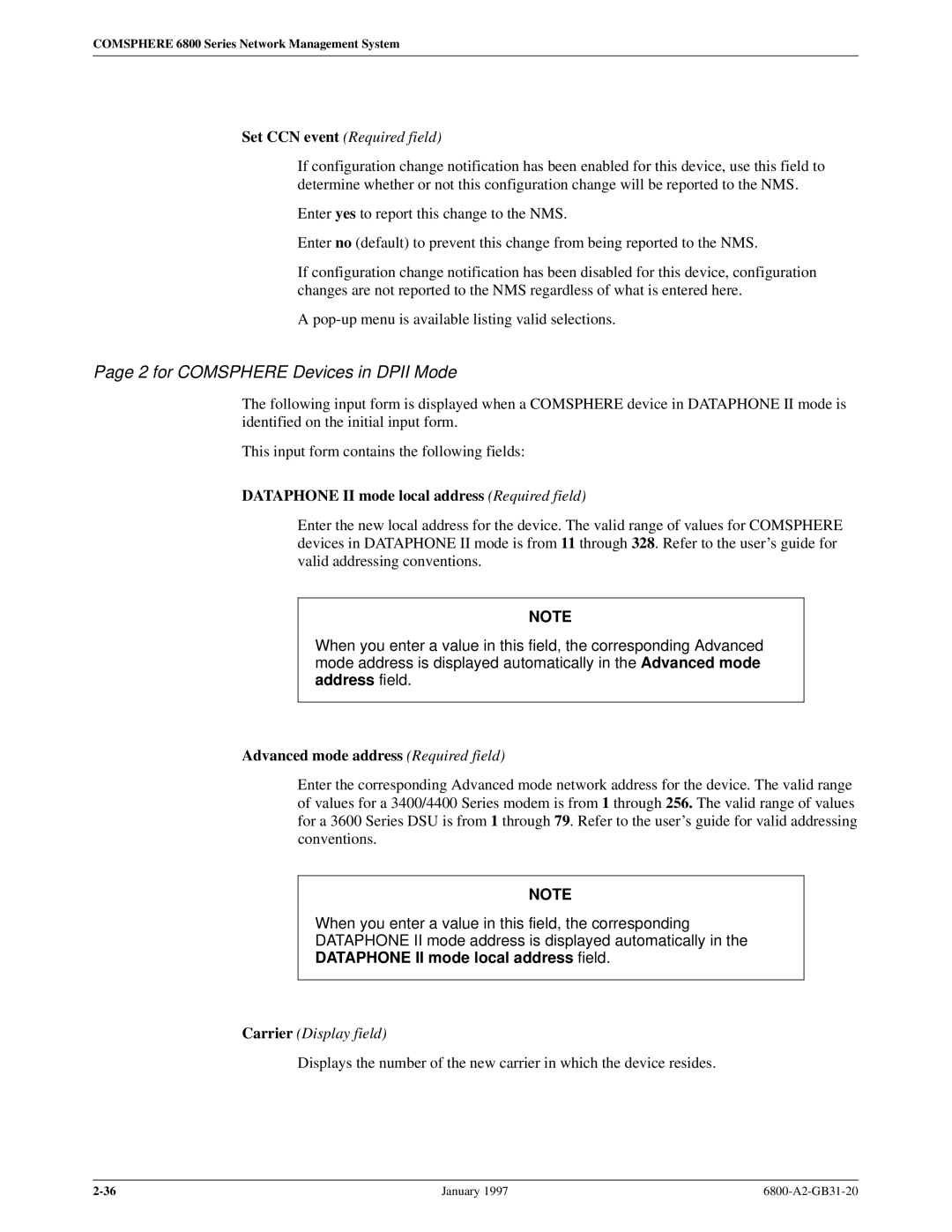 Paradyne 6800 manual for Comsphere Devices in Dpii Mode, Dataphone II mode local address Required field 