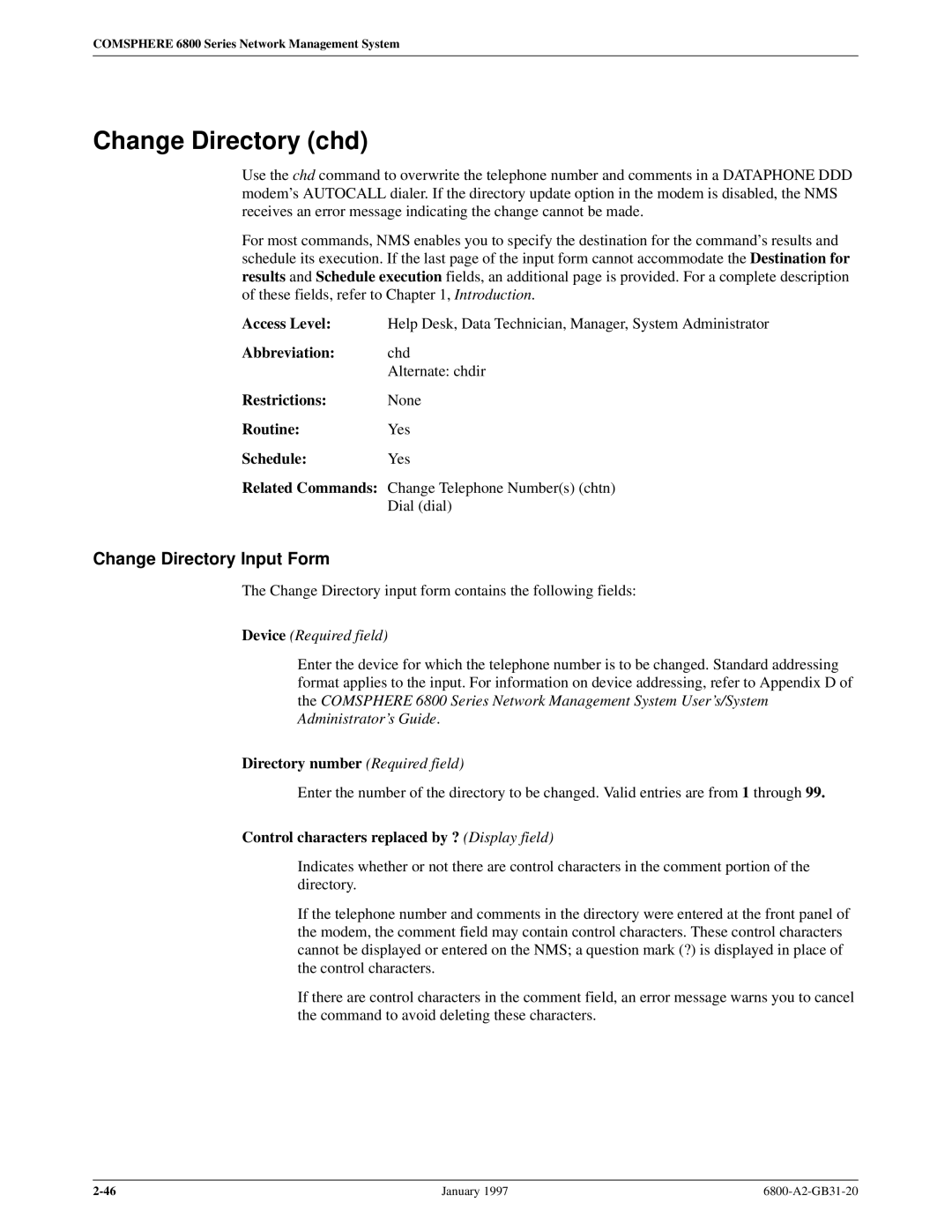 Paradyne 6800 manual Change Directory chd, Change Directory Input Form, Control characters replaced by ? Display field 