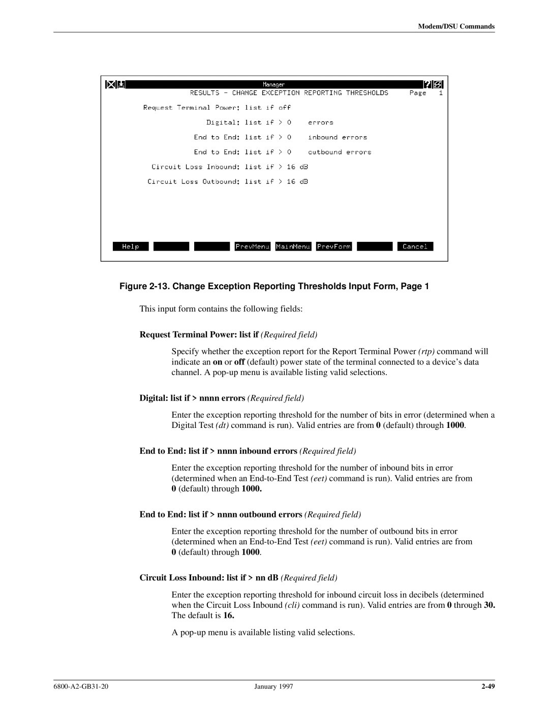 Paradyne 6800 manual Request Terminal Power list if Required field, Digital list if nnnn errors Required field 