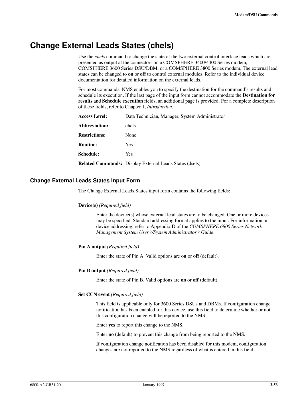 Paradyne 6800 Change External Leads States chels, Change External Leads States Input Form, Pin a output Required field 