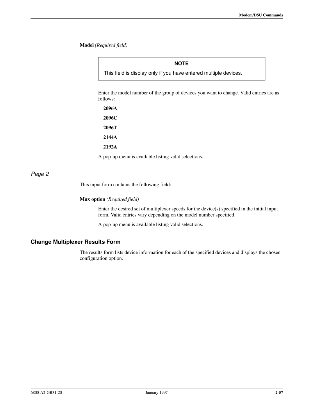 Paradyne 6800 manual Change Multiplexer Results Form, Model Required field, 2096A 2096C 2096T 2144A 2192A 