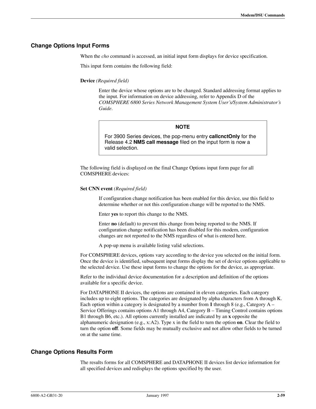 Paradyne 6800 manual Change Options Input Forms, Change Options Results Form 