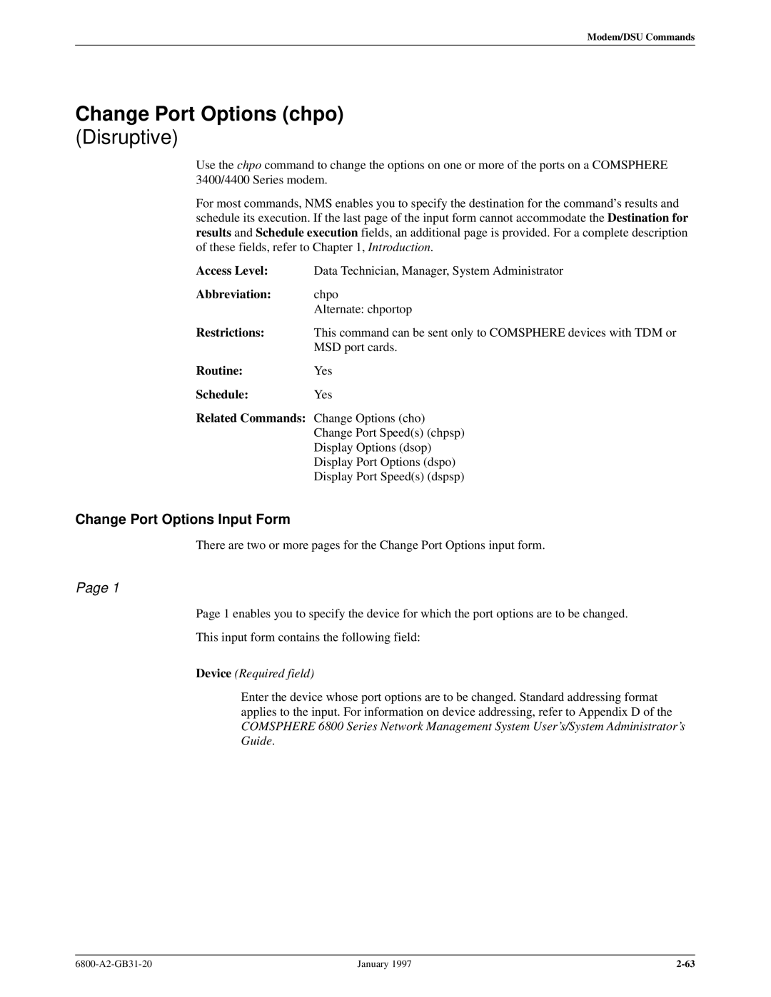 Paradyne 6800 manual Change Port Options chpo, Change Port Options Input Form, Abbreviation chpo, RoutineYes ScheduleYes 