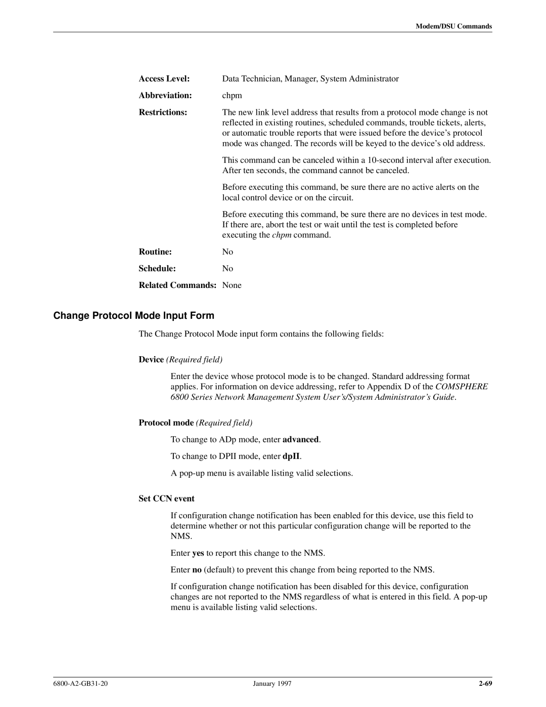 Paradyne 6800 manual Change Protocol Mode Input Form, Protocol mode Required field 