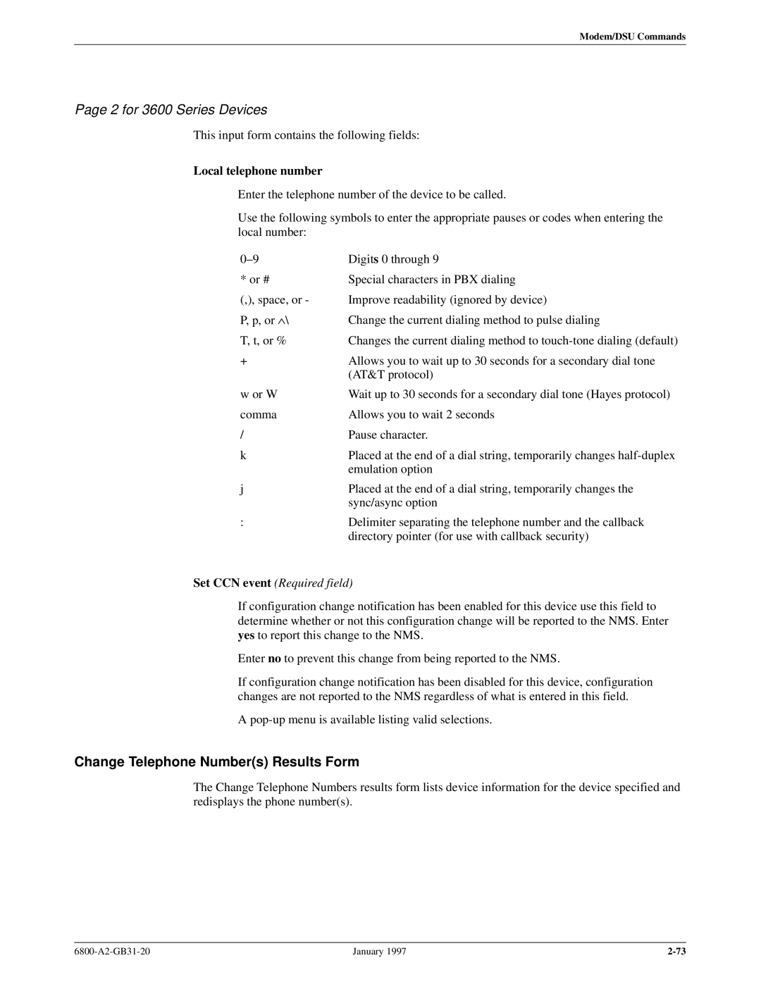 Paradyne 6800 manual for 3600 Series Devices, Change Telephone Numbers Results Form, Local telephone number 