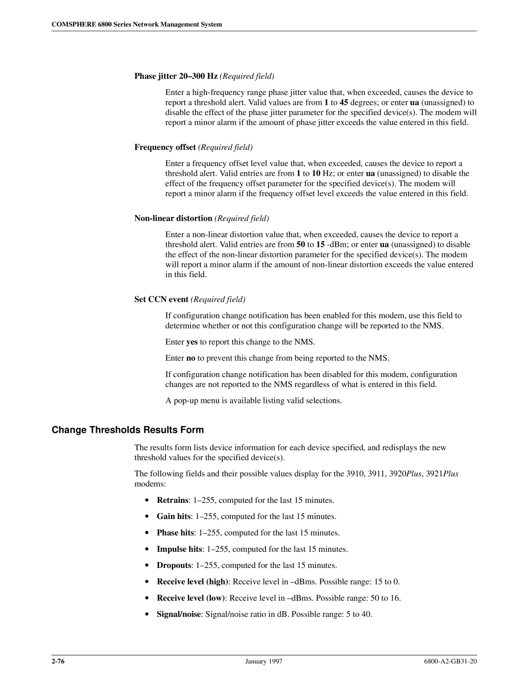 Paradyne 6800 manual Change Thresholds Results Form, Phase jitter 20±300 Hz Required field, Frequency offset Required field 