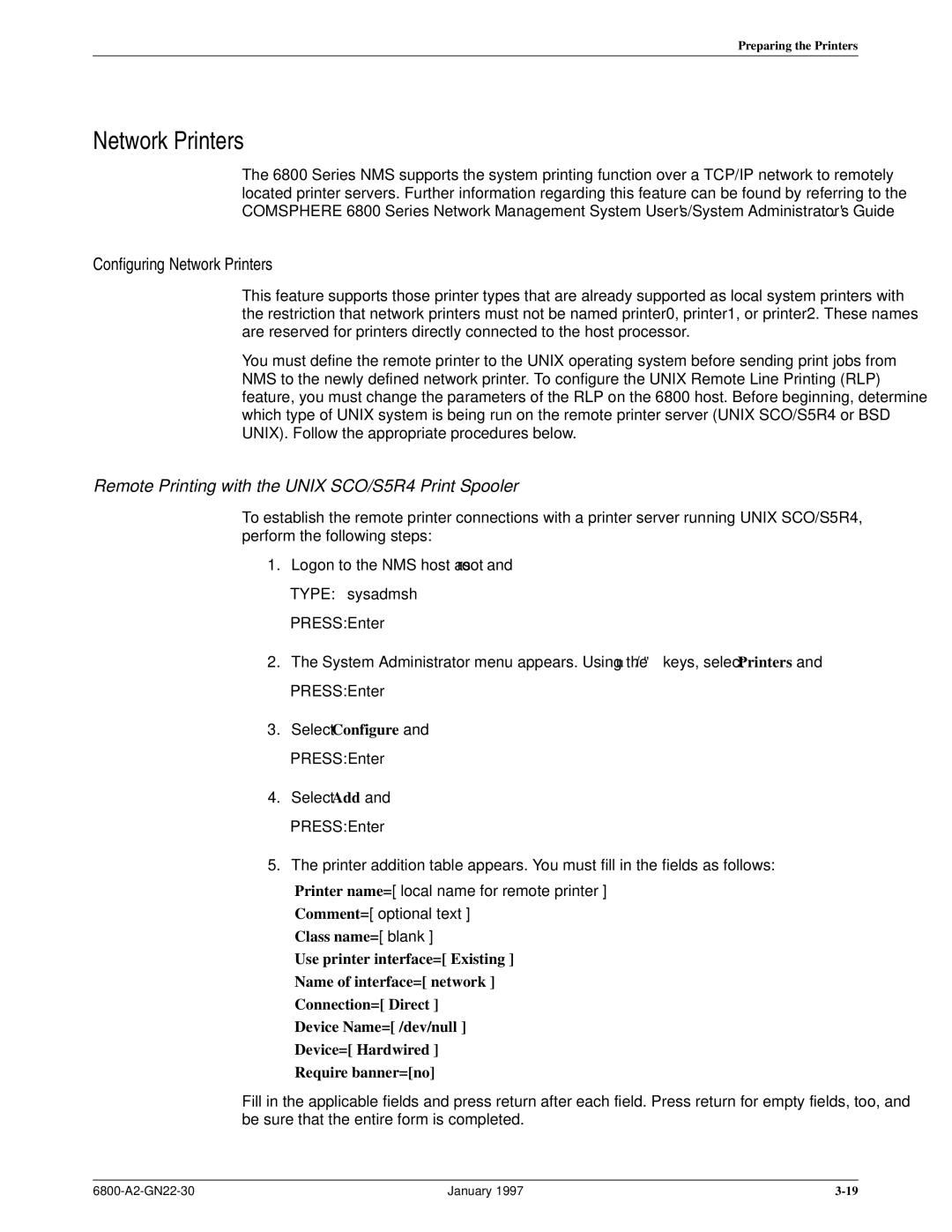 Paradyne 6800 manual Configuring Network Printers, Remote Printing with the Unix SCO/S5R4 Print Spooler 