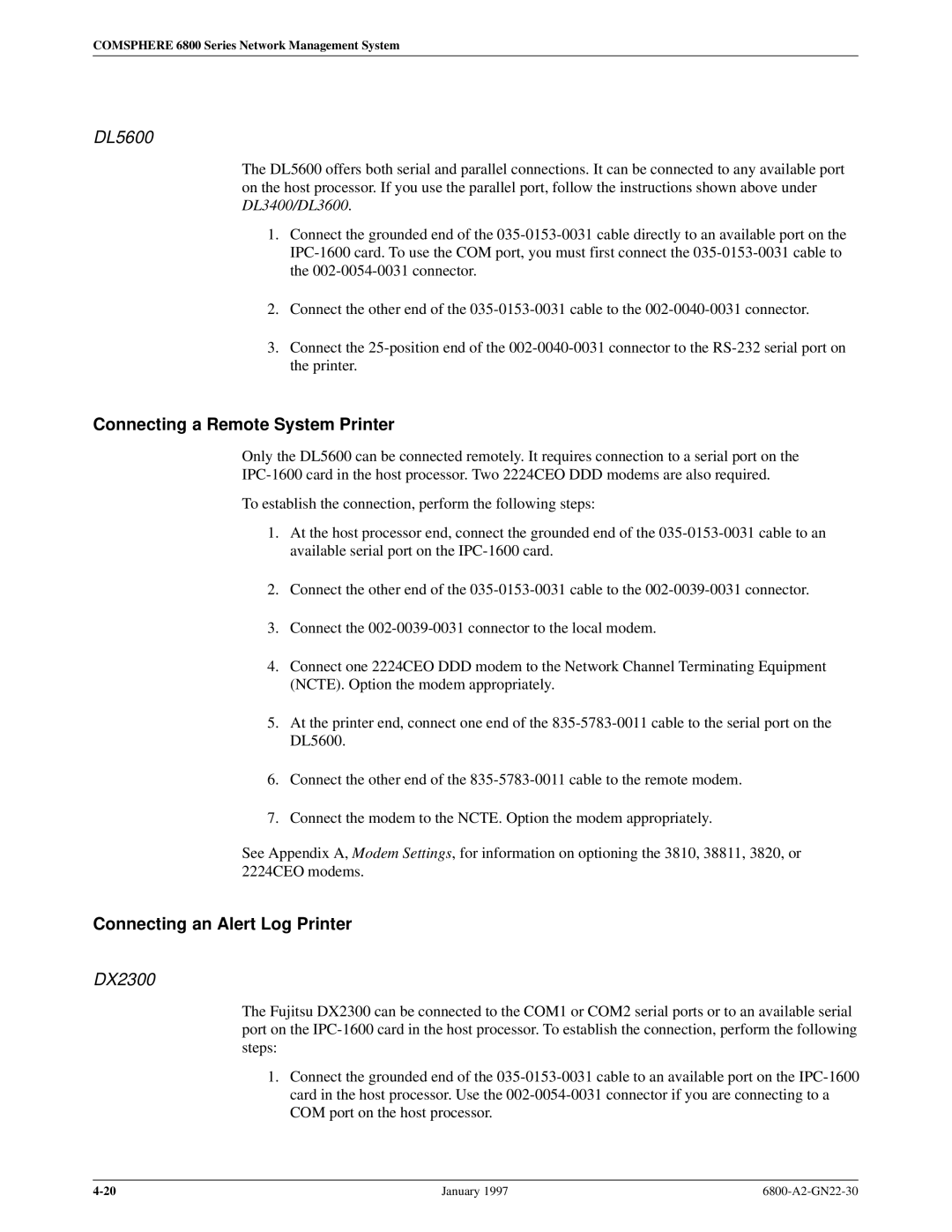 Paradyne 6800 manual DL5600, Connecting a Remote System Printer, Connecting an Alert Log Printer, DX2300 