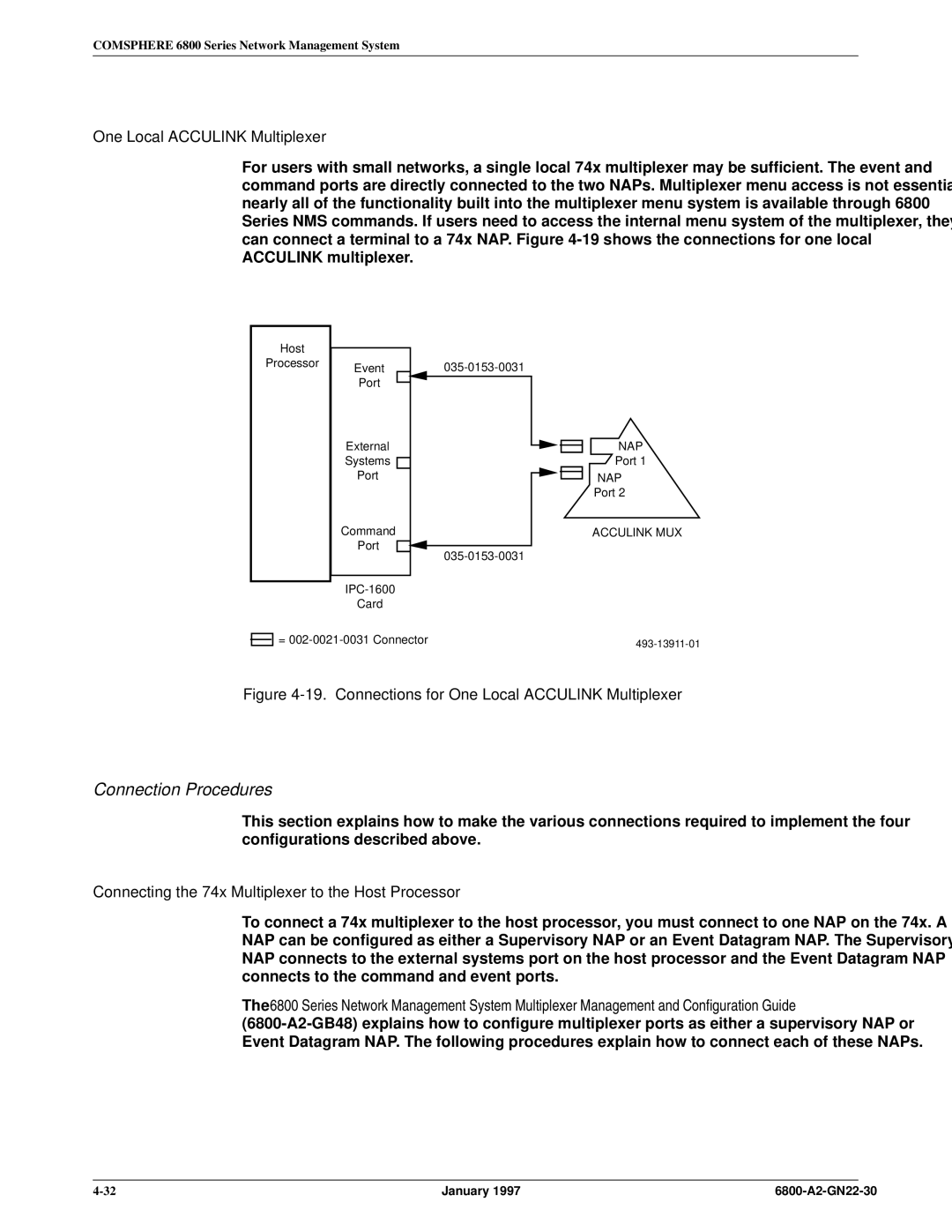 Paradyne 6800 manual Connection Procedures, Connections for One Local Acculink Multiplexer 