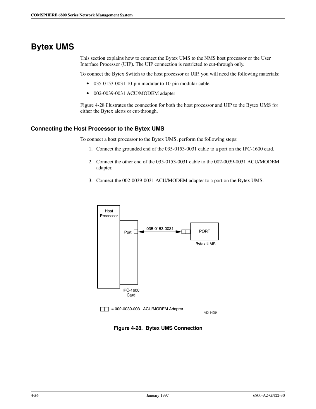 Paradyne 6800 manual Connecting the Host Processor to the Bytex UMS 