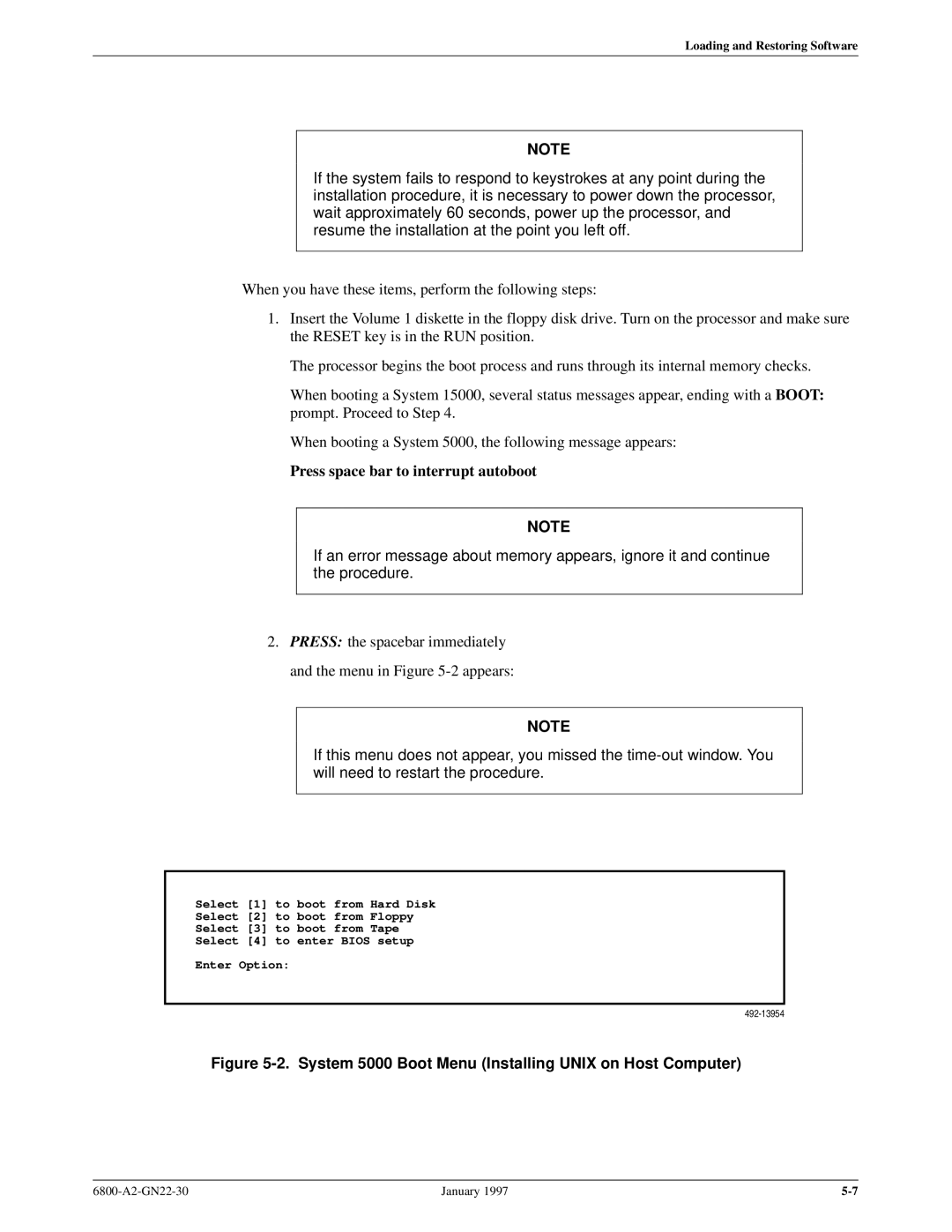 Paradyne 6800 manual Press space bar to interrupt autoboot, System 5000 Boot Menu Installing Unix on Host Computer 